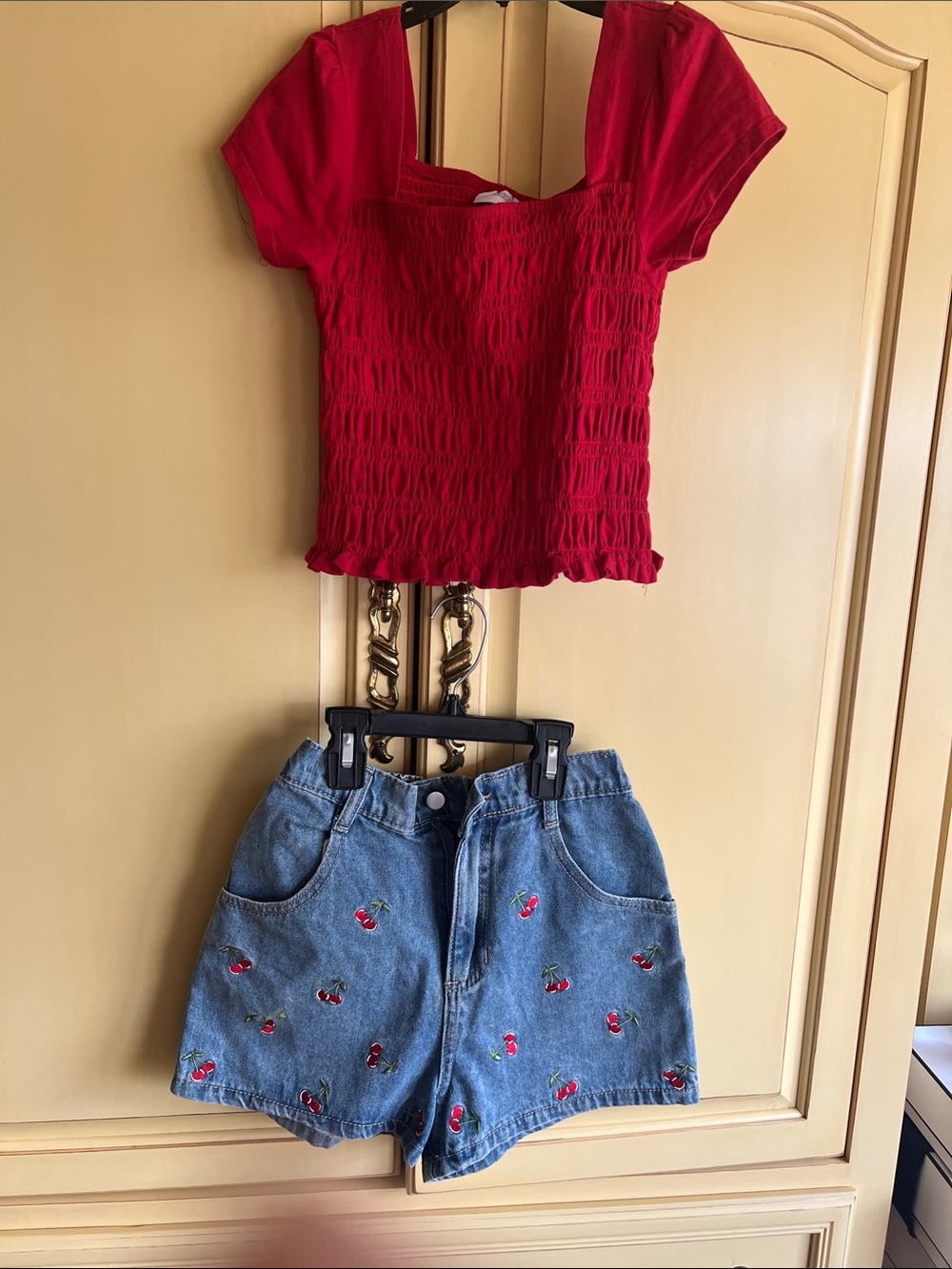 Red Smocked Square-Neck Kids Top